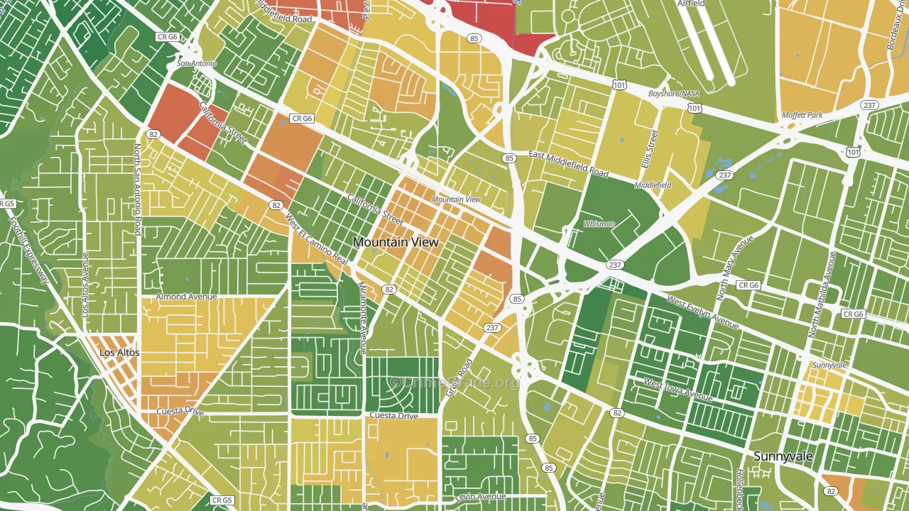 Old Mountain View, Mountain View, CA Map of Vehicle Theft Rates