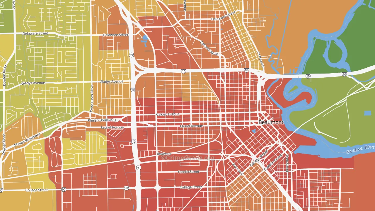 Old Town, Beaumont, TX Map of Vehicle Theft Rates