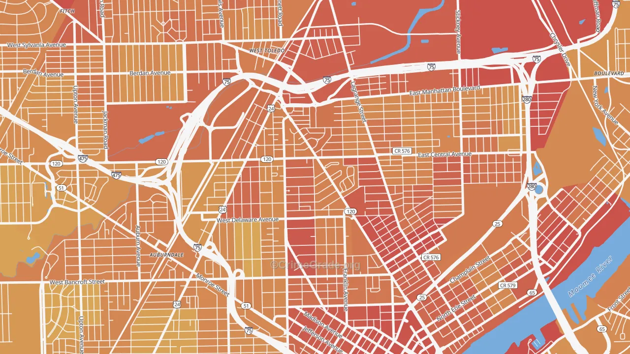 Olde Towne, Toledo, OH Map of Vehicle Theft Rates