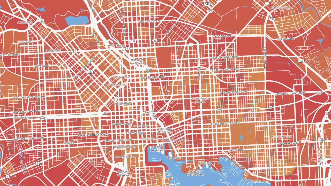 Oldtown, Baltimore, MD Map of Vehicle Theft Rates