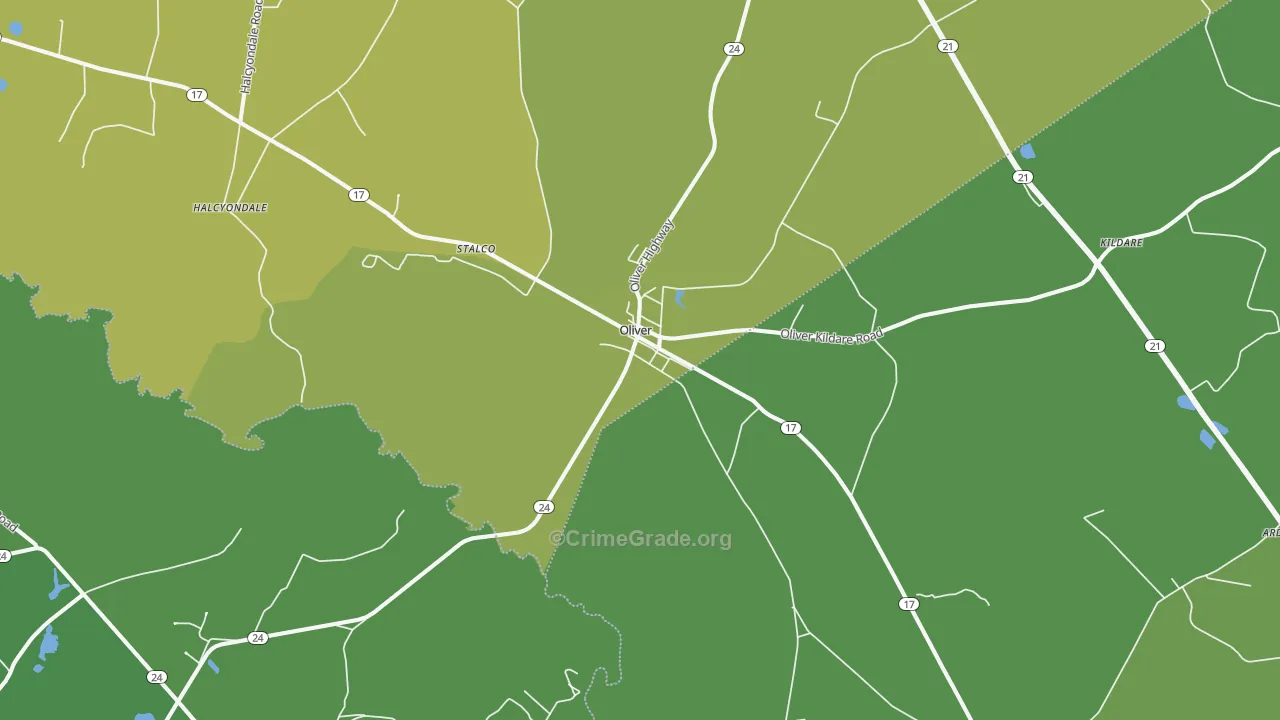 Oliver, GA Map of Vehicle Theft Rates