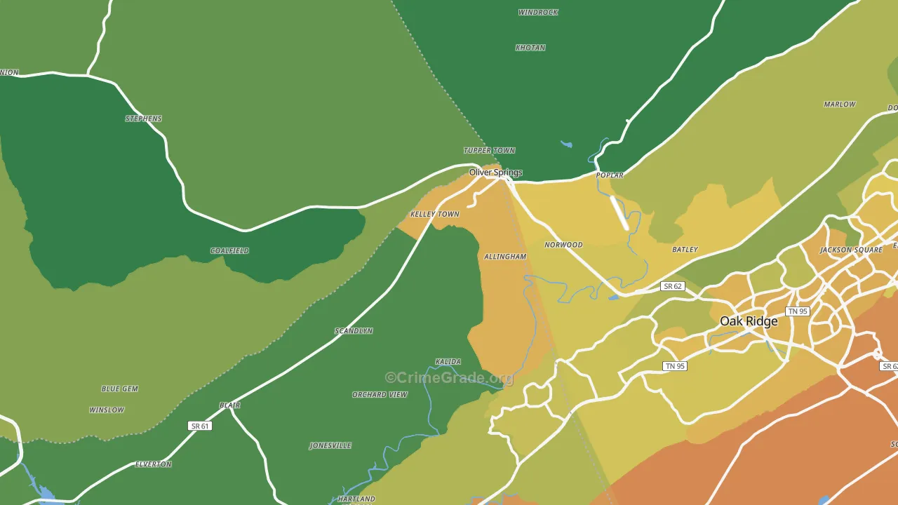 Oliver Springs, TN Map of Vehicle Theft Rates