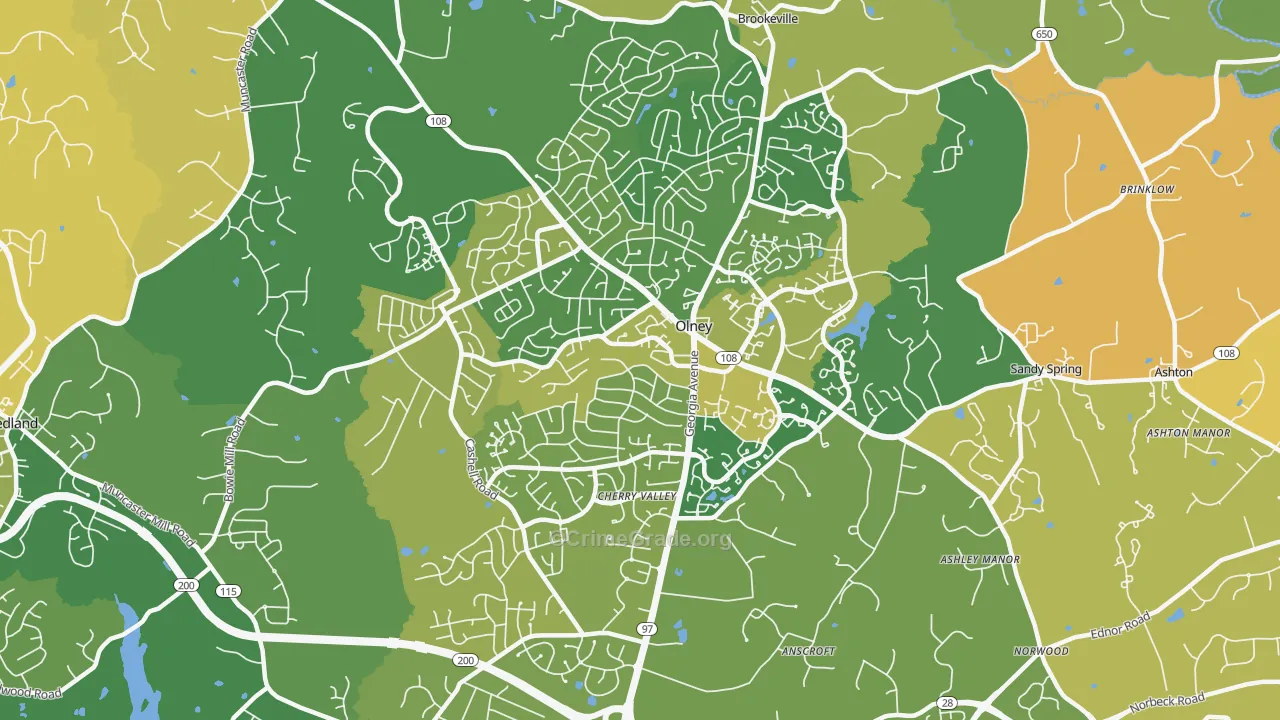 Olney, MD Map of Vehicle Theft Rates