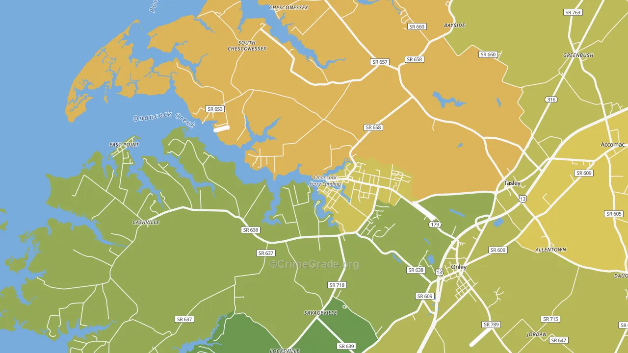 Onancock, VA Map of Vehicle Theft Rates