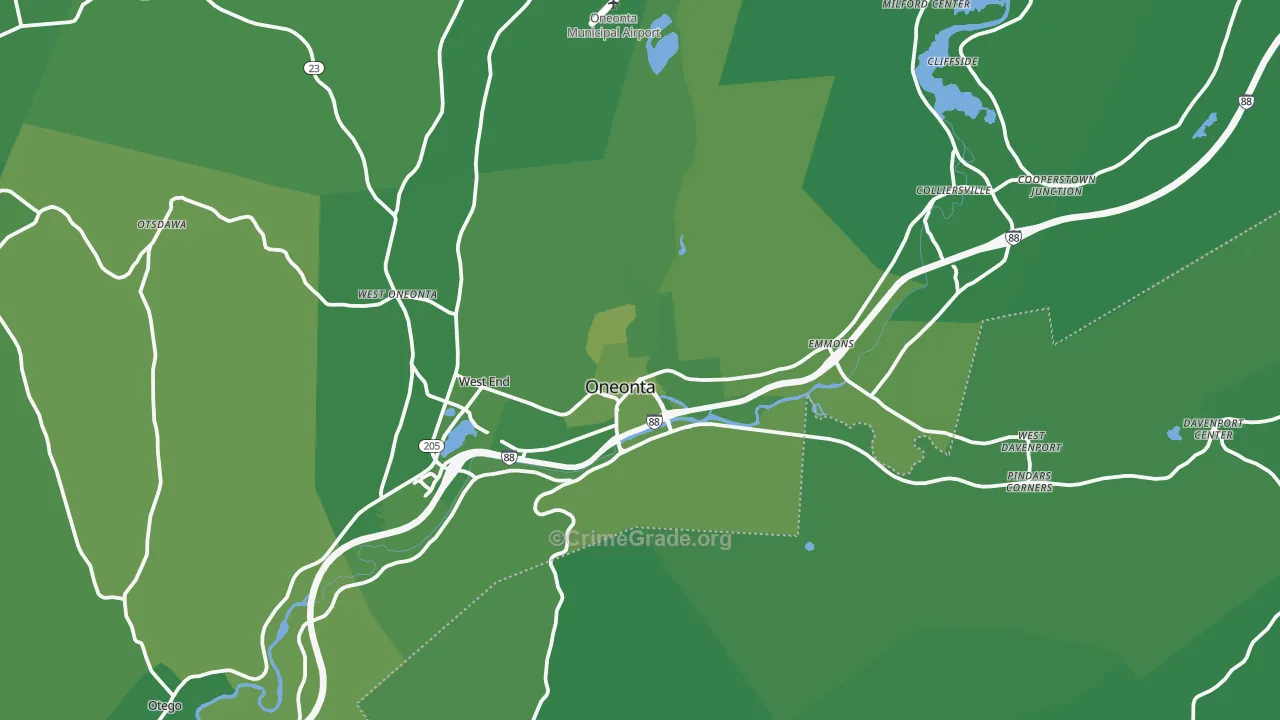 Oneonta, NY Map of Vehicle Theft Rates