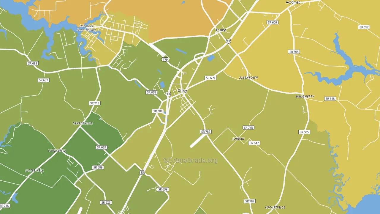 Onley, VA Map of Vehicle Theft Rates