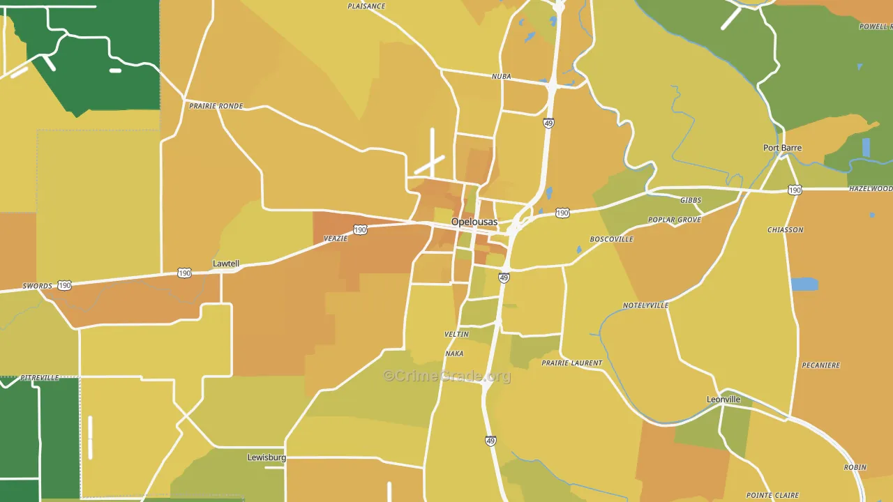 Opelousas, LA Map of Vehicle Theft Rates