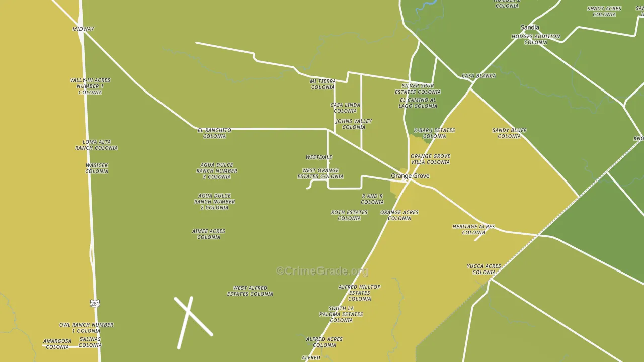 Orange Grove, TX Map of Vehicle Theft Rates