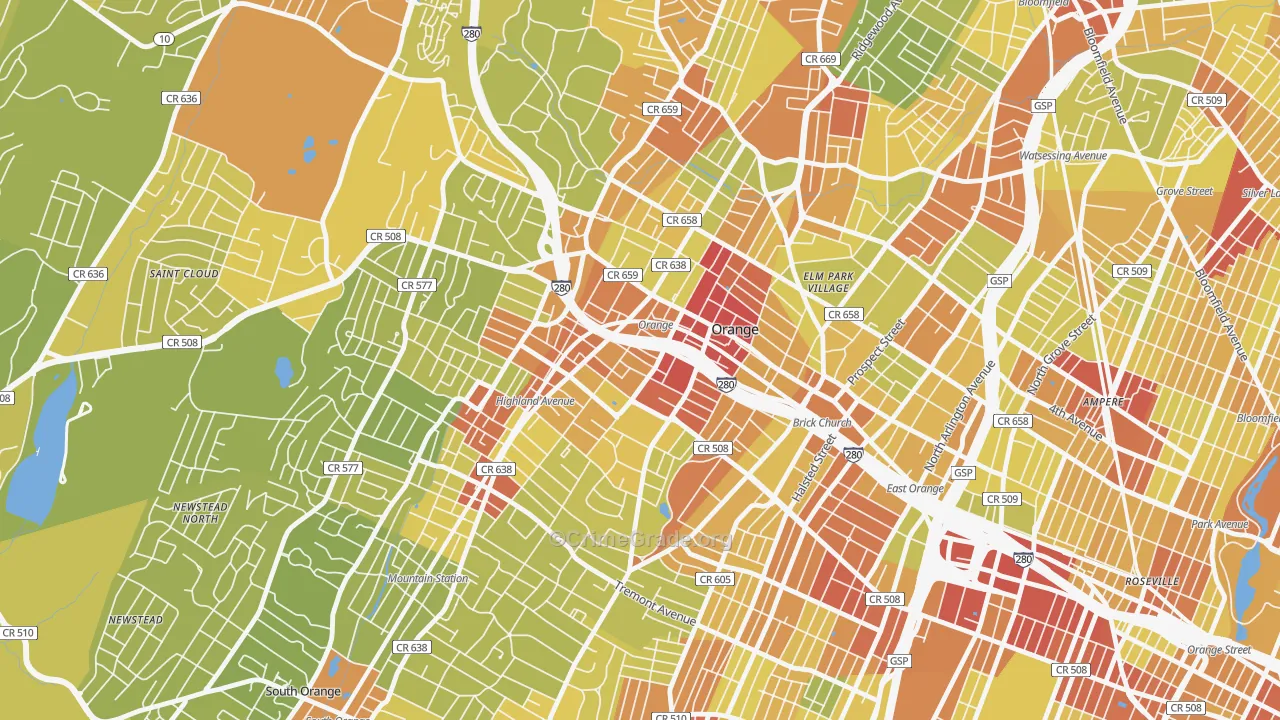 Orange, NJ Map of Vehicle Theft Rates