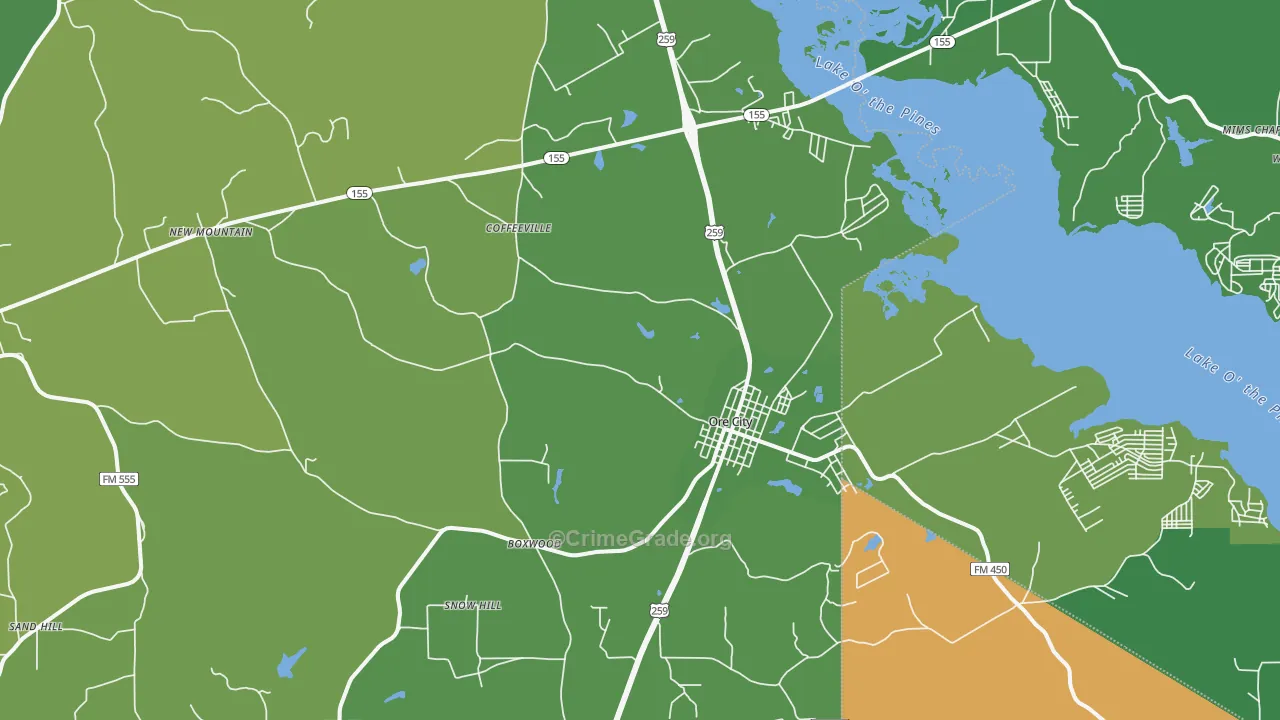 Ore City, TX Map of Vehicle Theft Rates