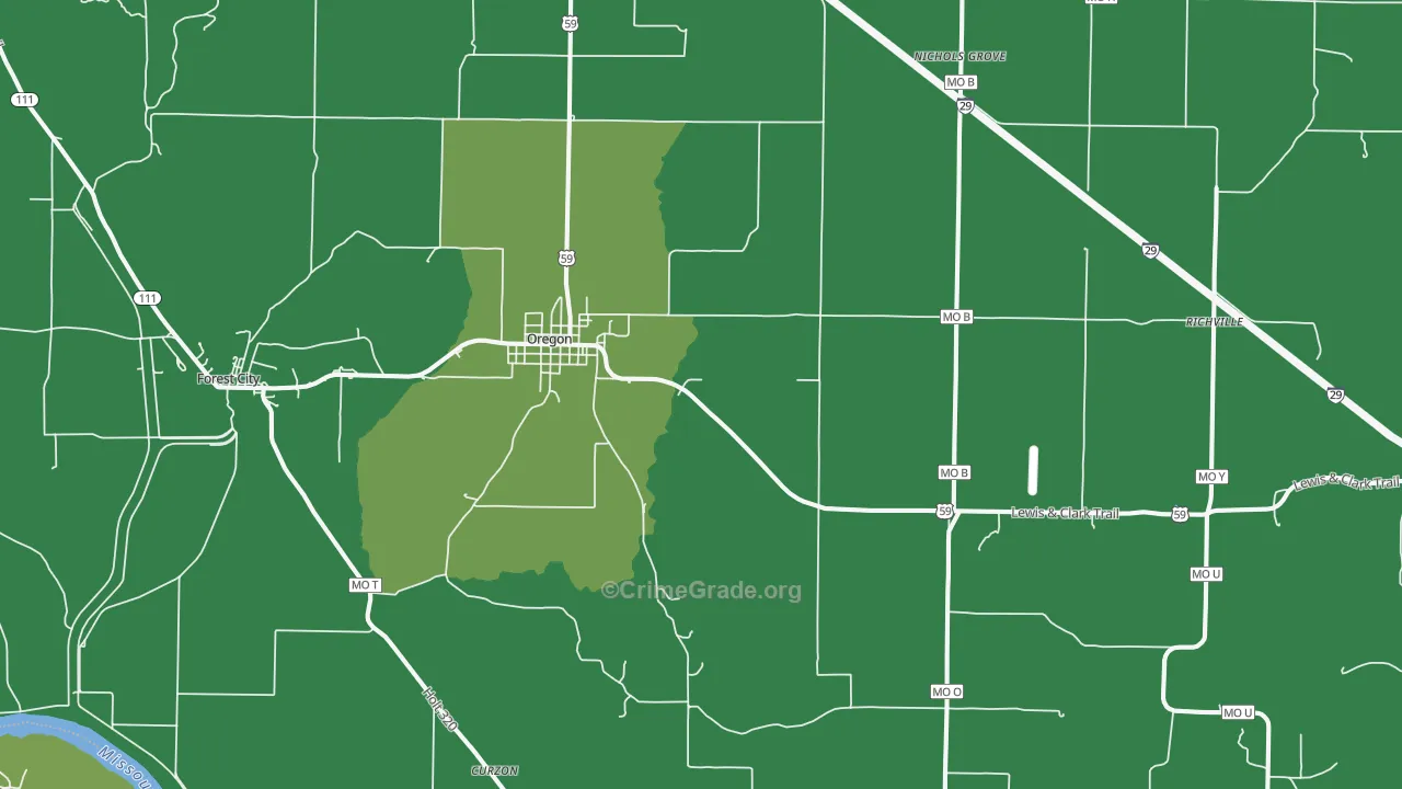 Oregon, MO Map of Vehicle Theft Rates