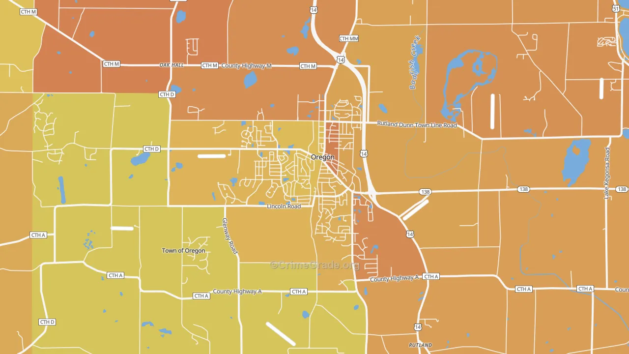Oregon, WI Map of Vehicle Theft Rates