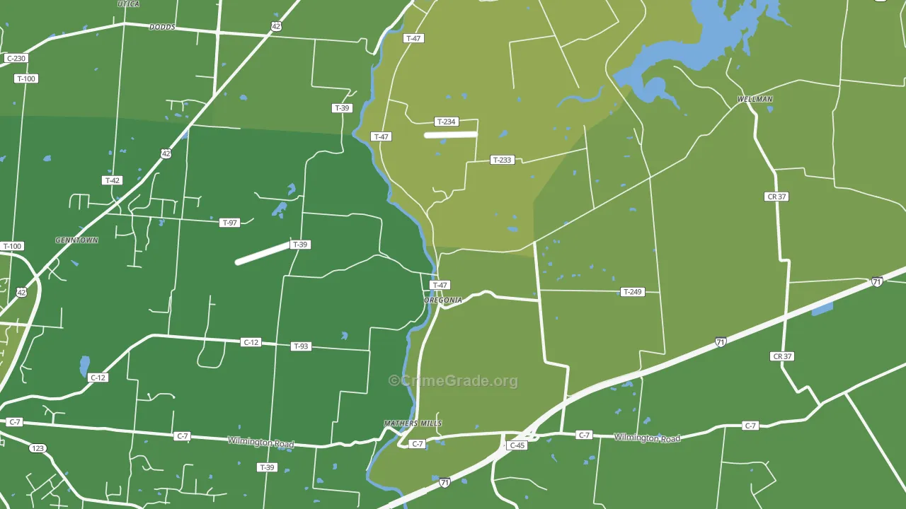 Oregonia, OH Map of Vehicle Theft Rates