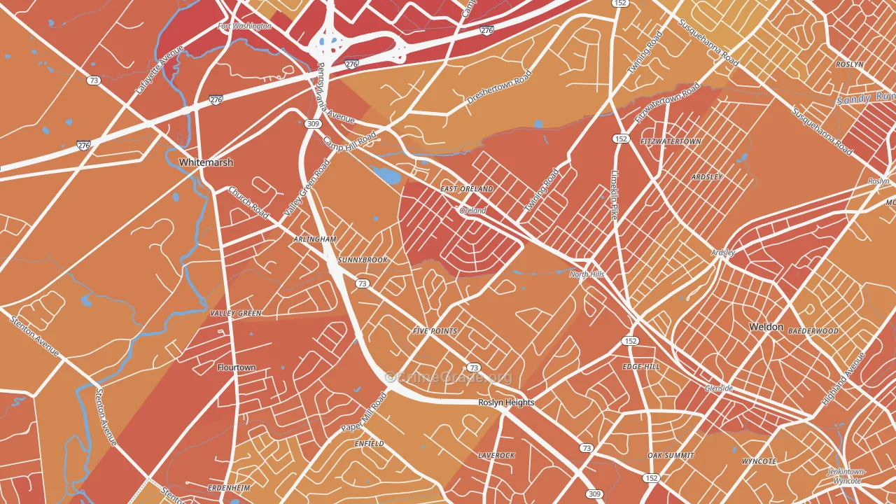 Oreland, PA Map of Vehicle Theft Rates