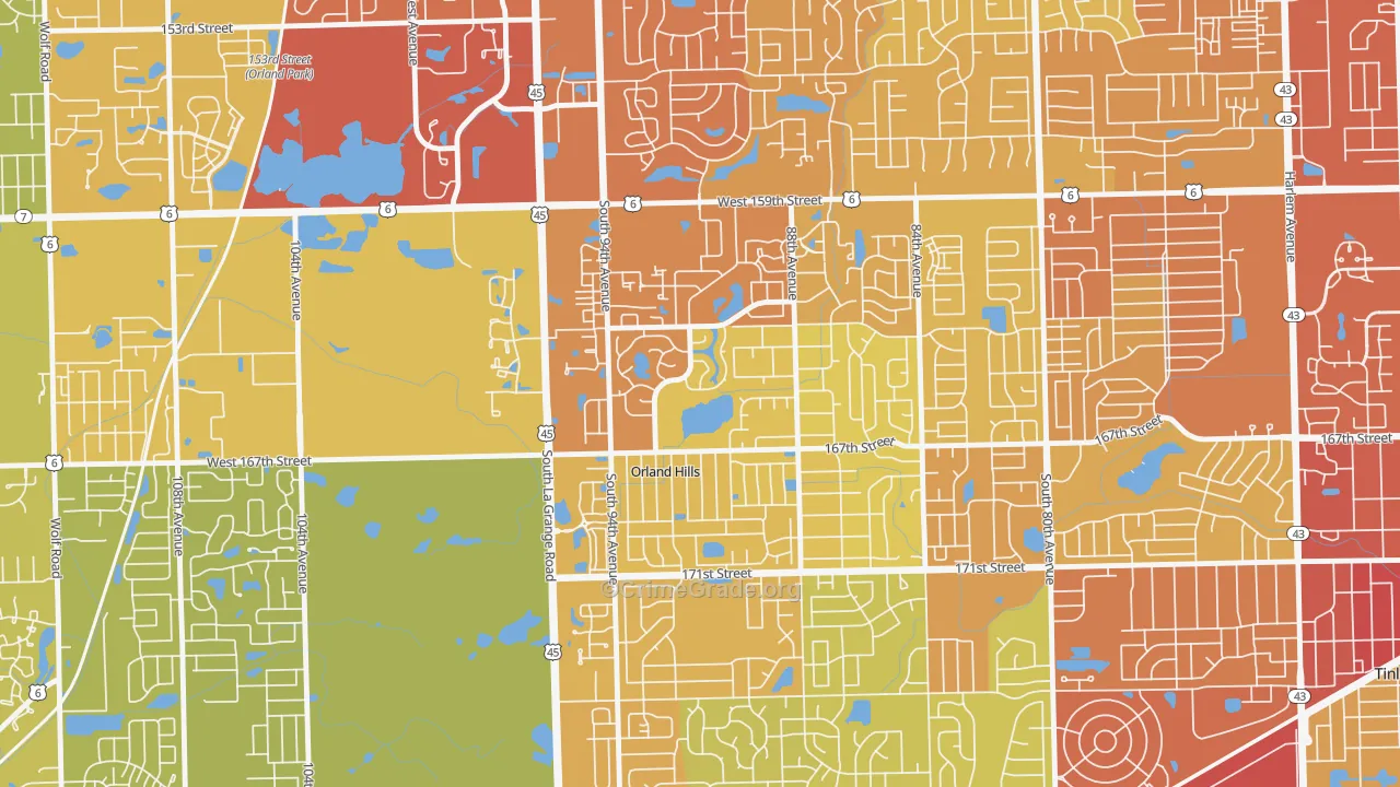 Orland Hills, IL Map of Vehicle Theft Rates