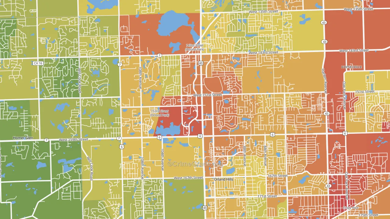Orland Park, IL Map of Vehicle Theft Rates