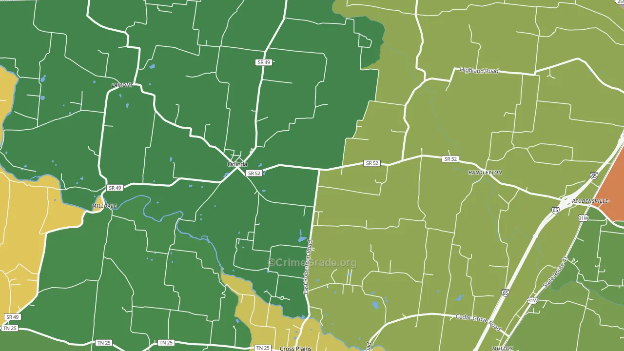 Orlinda, TN Map of Vehicle Theft Rates