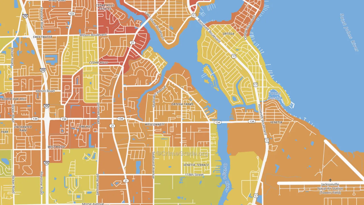 Ortega Farms, Jacksonville, FL Map of Vehicle Theft Rates