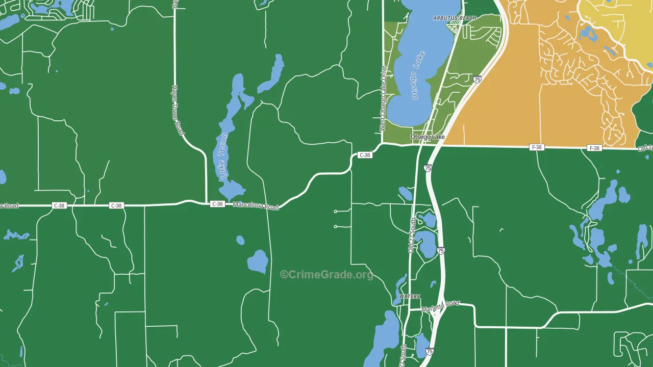 Otsego Lake, MI Map of Vehicle Theft Rates