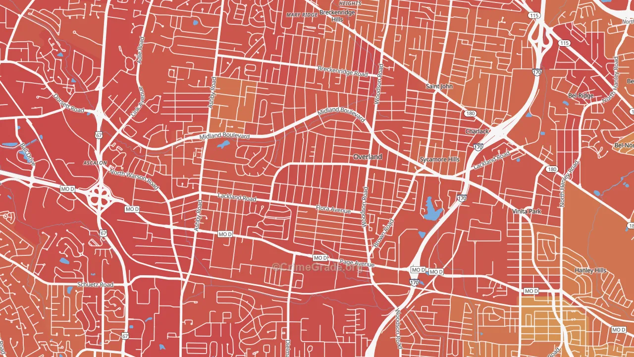 Overland, MO Map of Vehicle Theft Rates