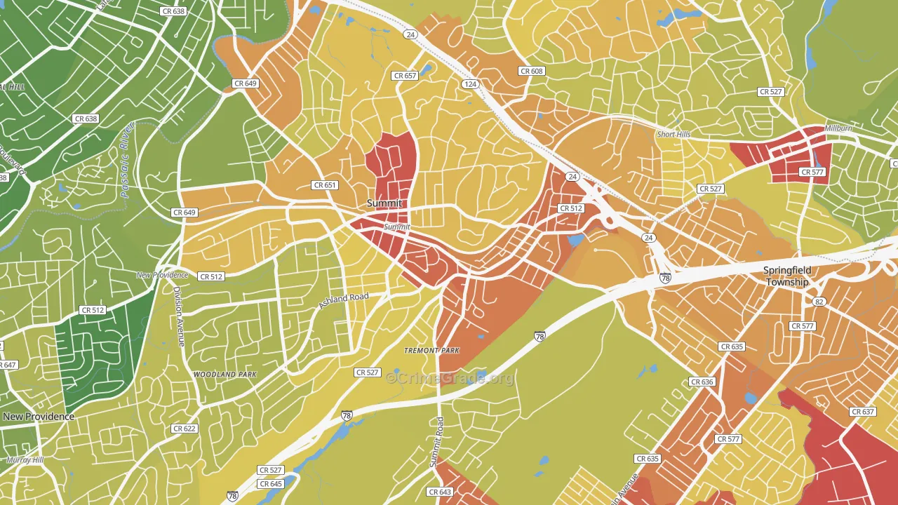 Overlook, Summit, NJ Map of Vehicle Theft Rates
