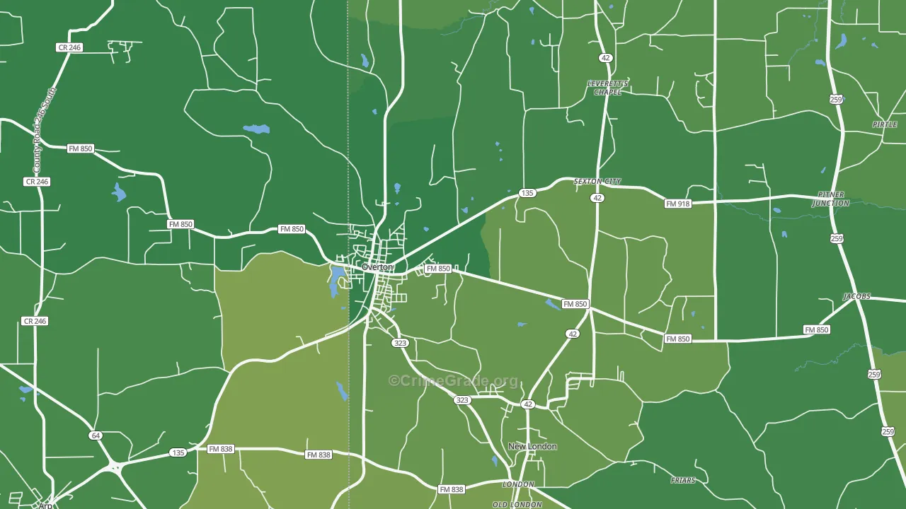 Overton, TX Map of Vehicle Theft Rates