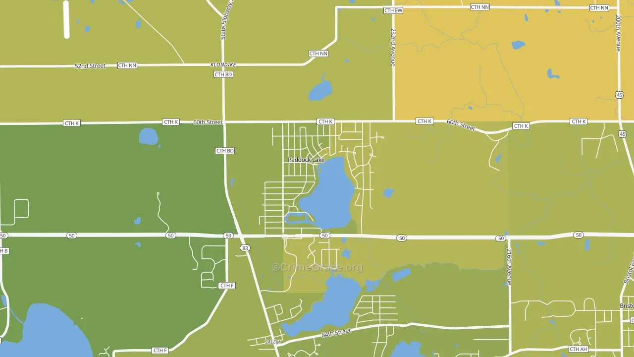 Paddock Lake, WI Map of Vehicle Theft Rates
