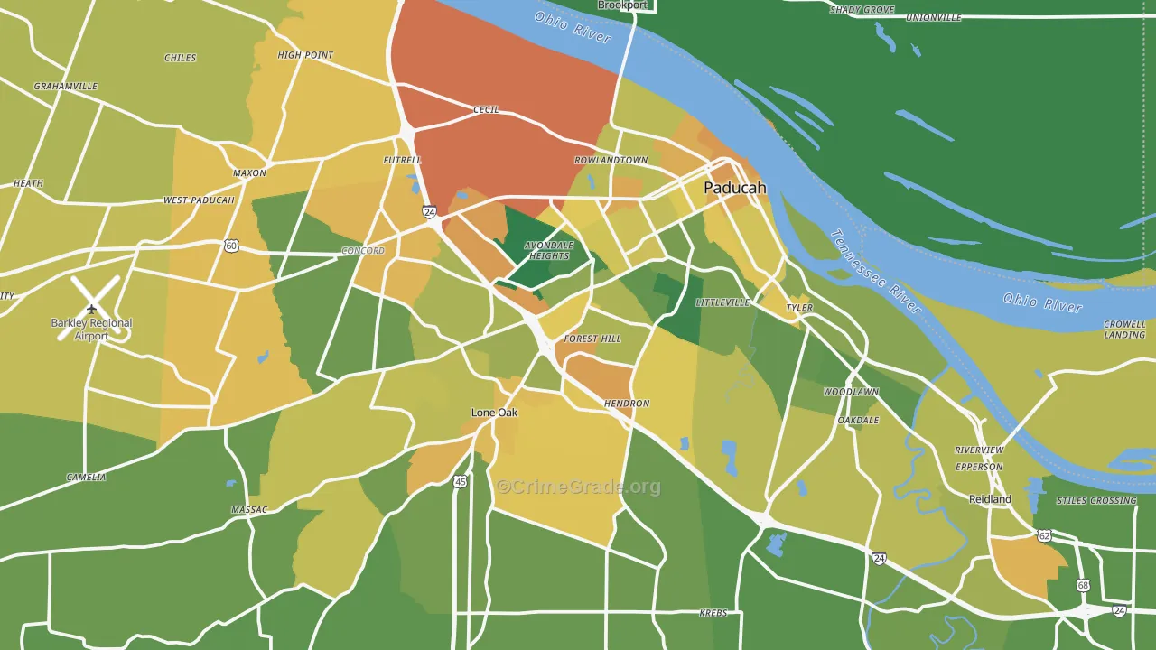 Paducah, KY Map of Vehicle Theft Rates