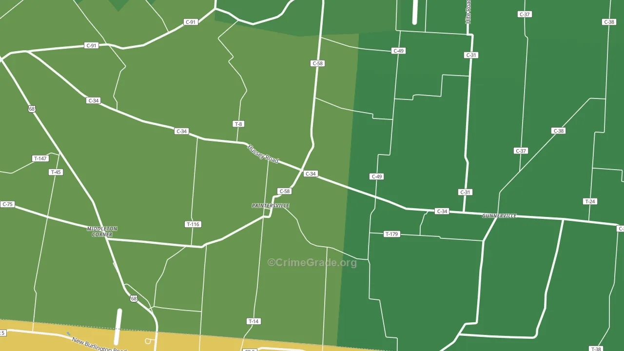 Paintersville, OH Map of Vehicle Theft Rates