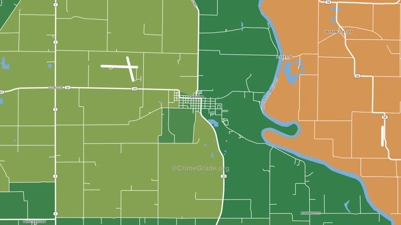 Palestine, IL Map of Vehicle Theft Rates