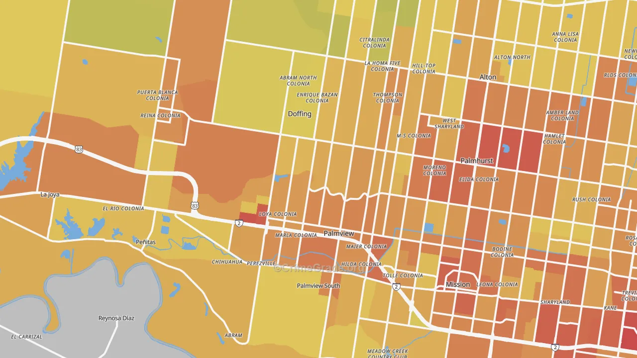 Palmview, TX Map of Vehicle Theft Rates