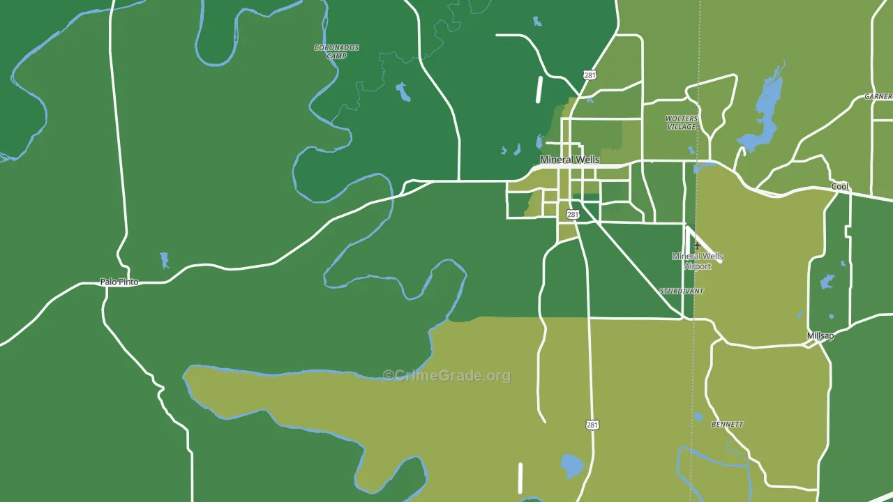 Palo Pinto County, TX Map of Vehicle Theft Rates