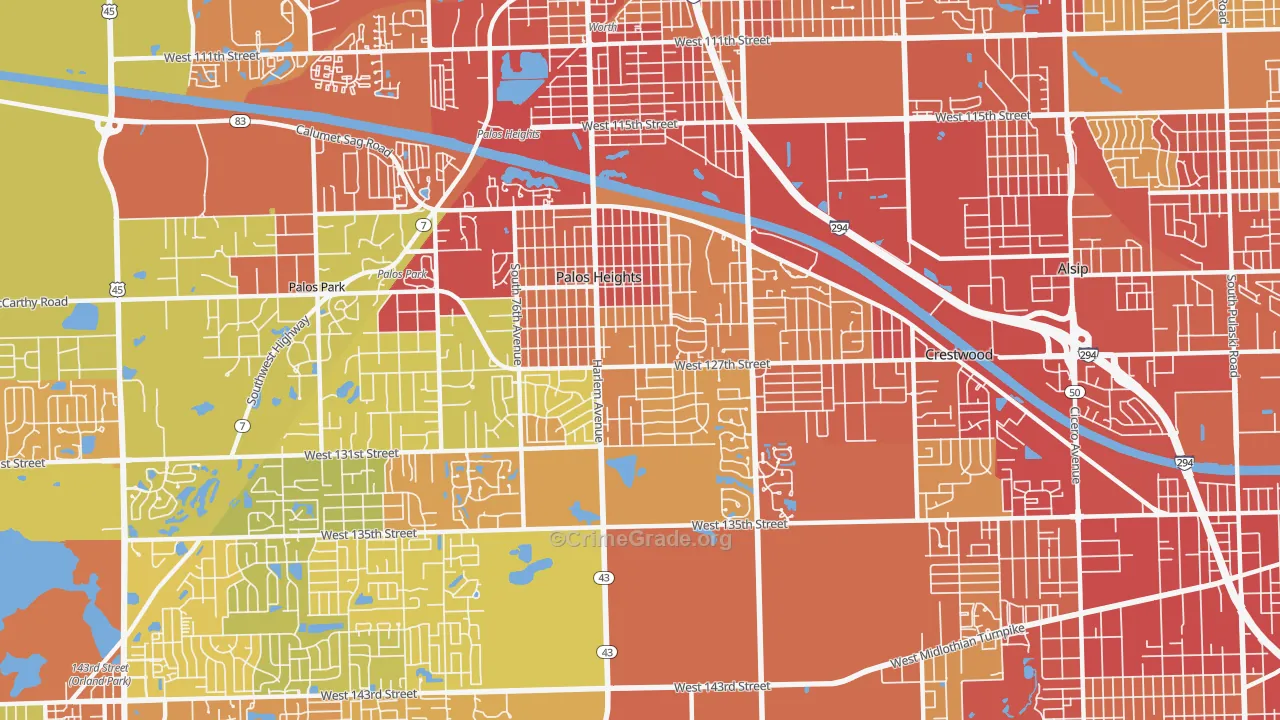 Palos Heights, IL Map of Vehicle Theft Rates