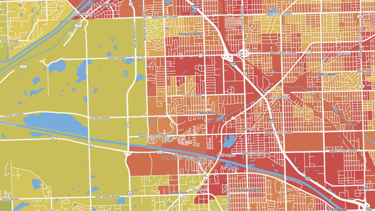 Palos Hills, IL Map of Vehicle Theft Rates