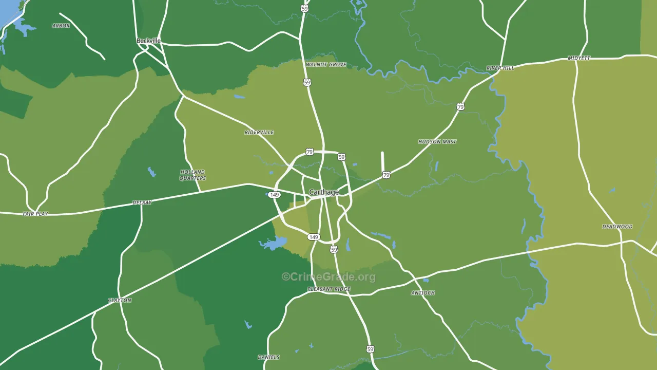 Panola County, TX Map of Vehicle Theft Rates