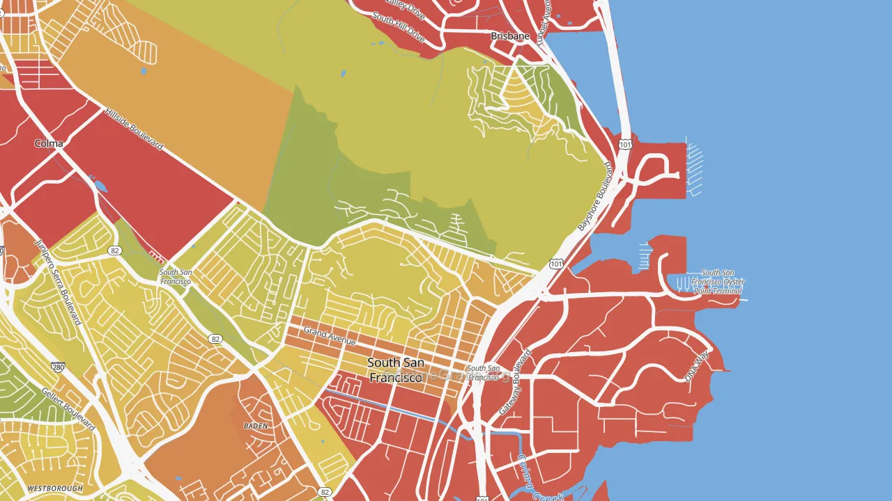 Paradise Valley, South San Francisco, CA Map of Vehicle Theft Rates