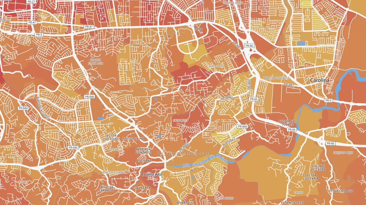 Parcelas Saint Just, Trujillo Alto, PR Map of Vehicle Theft Rates