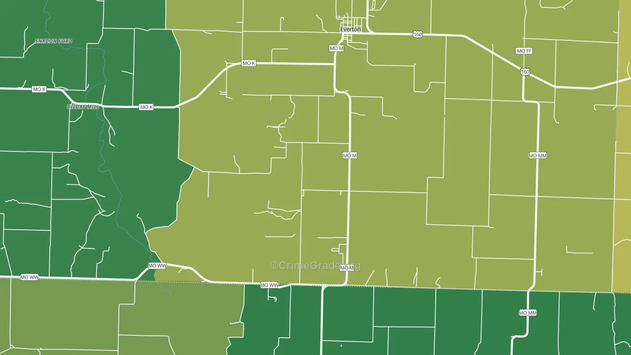 Paris Springs, MO Map of Vehicle Theft Rates