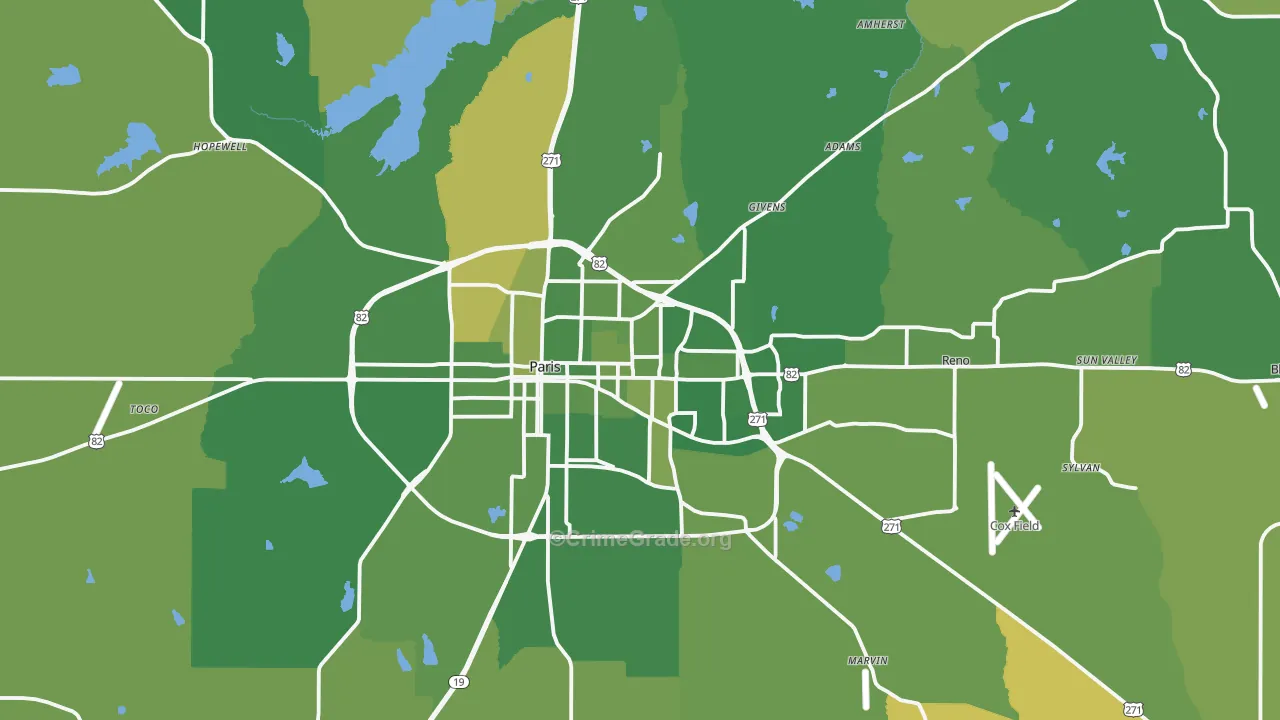 Paris, TX Map of Vehicle Theft Rates