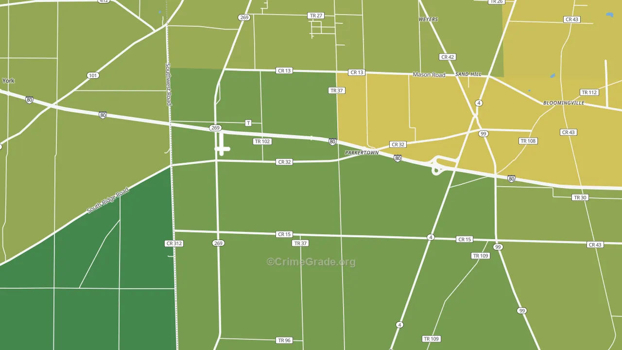 Parkertown, OH Map of Vehicle Theft Rates