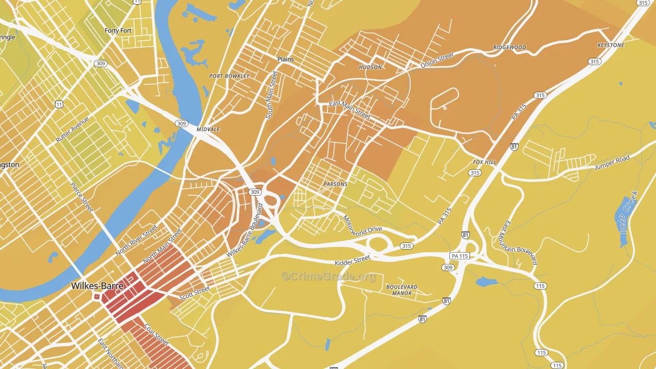 Parsons, Wilkes-Barre, PA Map of Vehicle Theft Rates