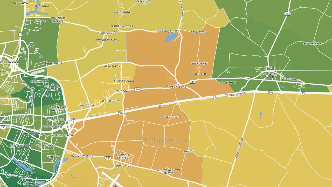 Parsonsburg, MD Map of Vehicle Theft Rates