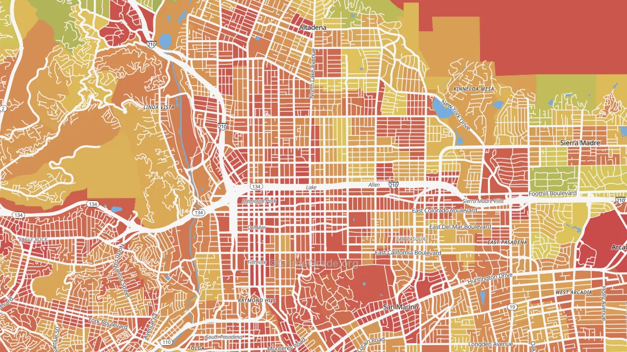 Pasadena, CA Map of Vehicle Theft Rates
