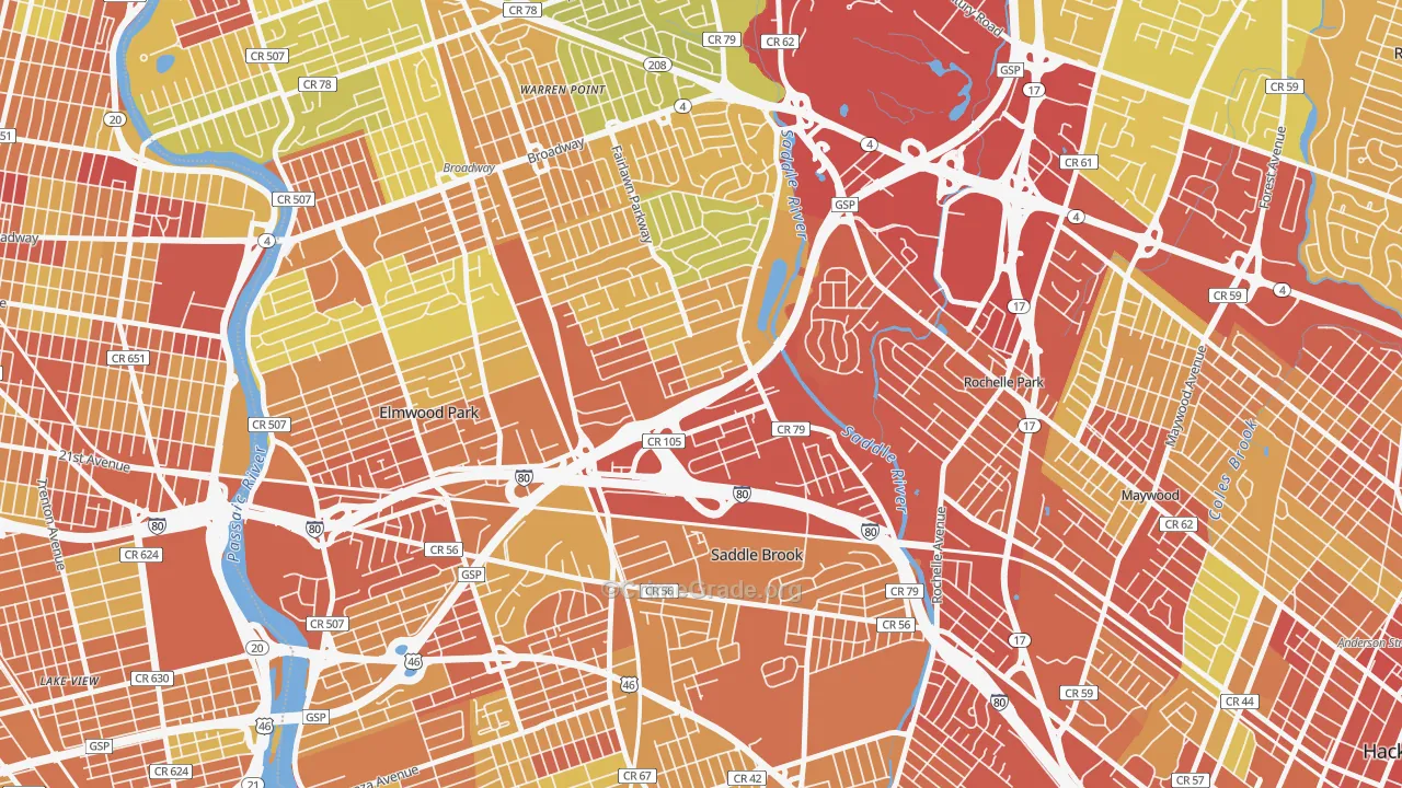 Passaic Junction, Saddle Brook, NJ Map of Vehicle Theft Rates