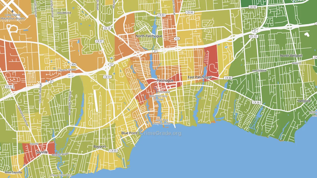 Patchogue, NY Map of Vehicle Theft Rates