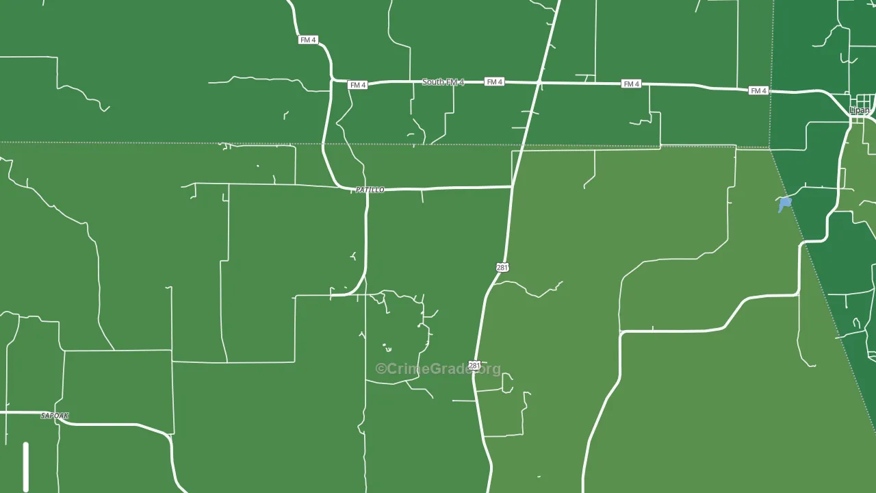 Patillo, TX Map of Vehicle Theft Rates
