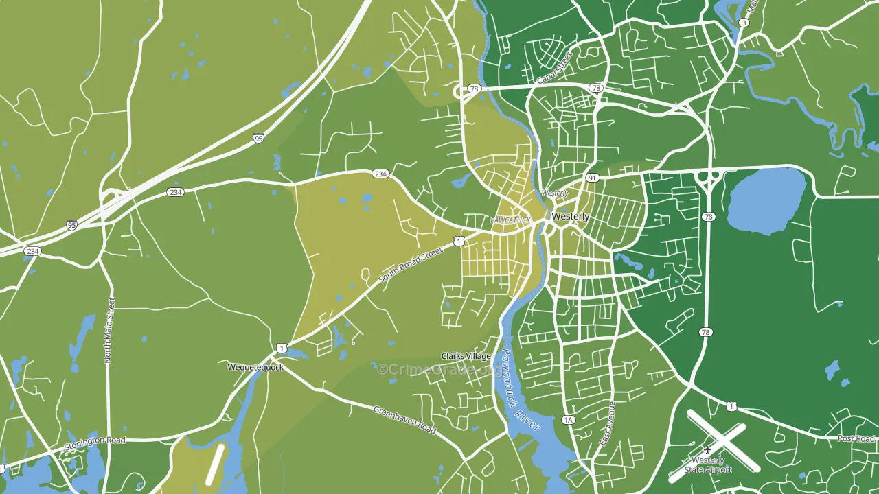 Pawcatuck, CT Map of Vehicle Theft Rates