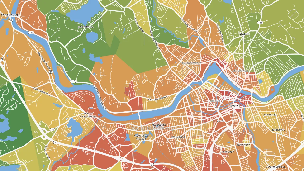 Pawtucketville, Lowell, MA Map of Vehicle Theft Rates