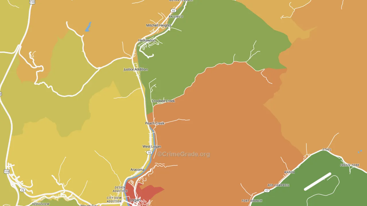 Peach Creek, WV Map of Vehicle Theft Rates