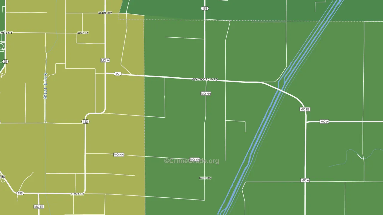 Peach Orchard, MO Map of Vehicle Theft Rates